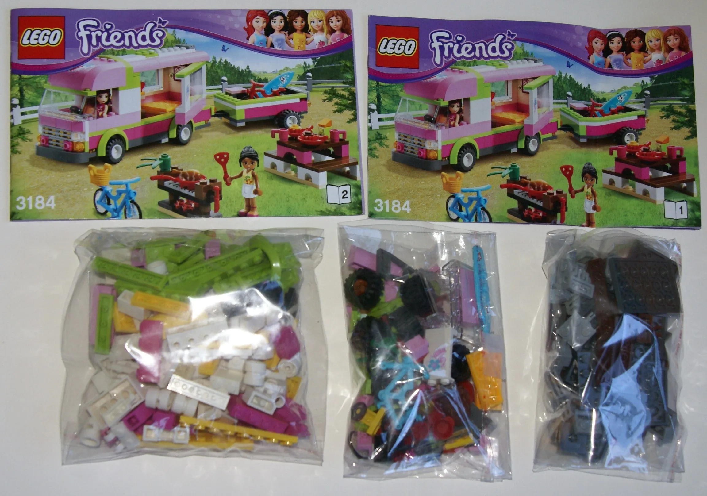 NOW RARE RETIRED LEGO FRIENDS KIT FROM 2012 Adventure Camper, Set 3184, Complete with 2 Minifigures, Olivia & Nicole, 2 Instructions’ Booklets & Box included (325 PIECES) 2 MINIFIGURES, 2 BIKES, SURFBOARD, STICKERS ETC...