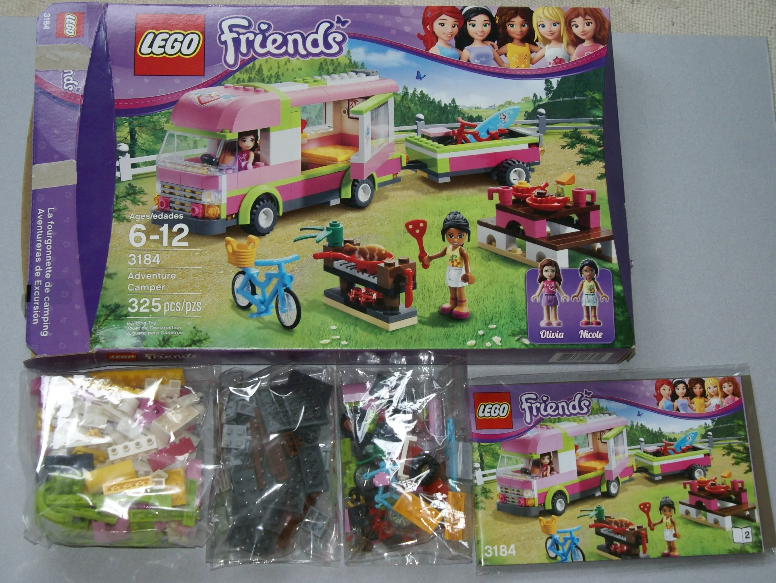 NOW RARE RETIRED LEGO FRIENDS KIT FROM 2012 Adventure Camper, Set 3184, Complete with 2 Minifigures, Olivia & Nicole, 2 Instructions’ Booklets & Box included (325 PIECES) 2 MINIFIGURES, 2 BIKES, SURFBOARD, STICKERS ETC...
