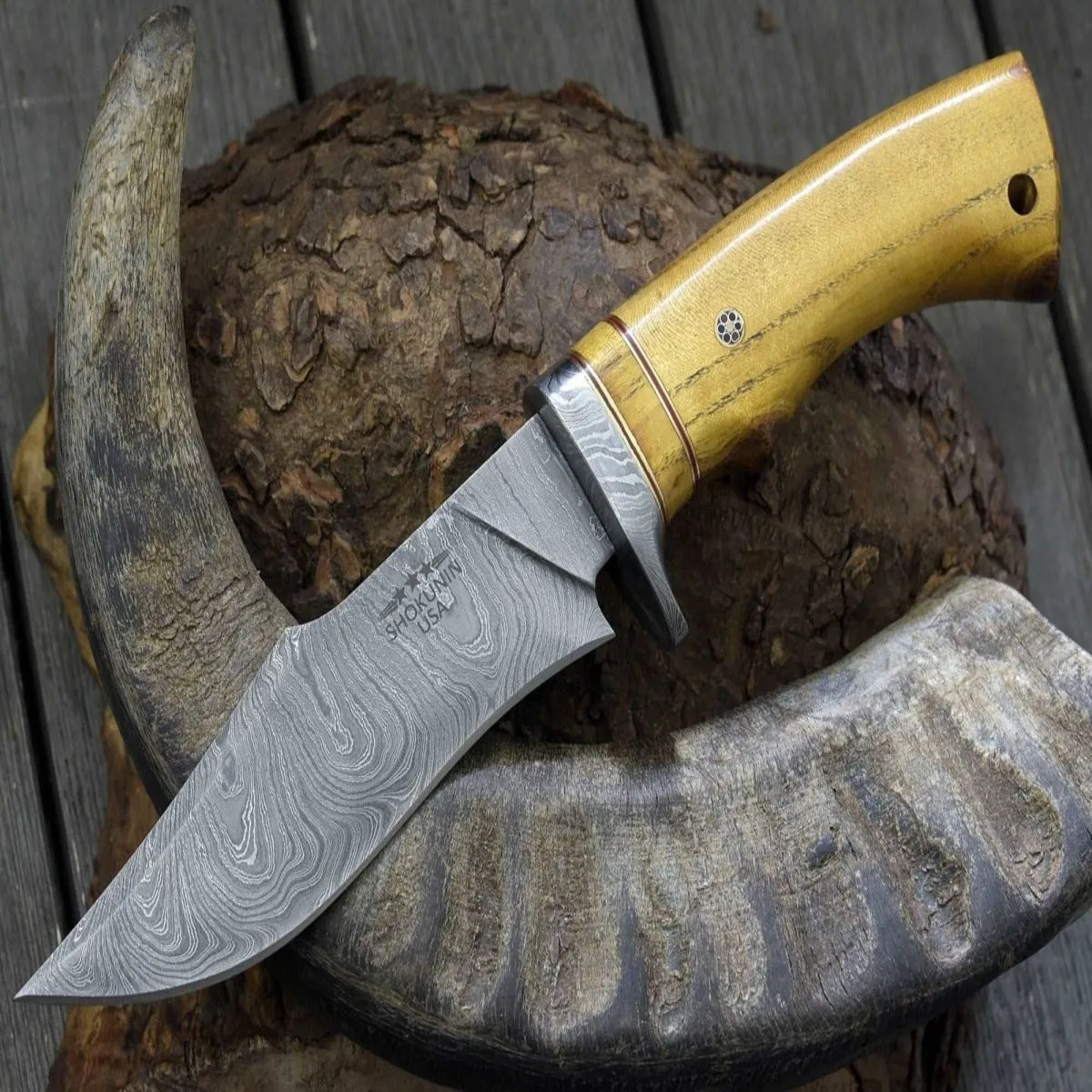 Odyssey Damascus Hunting Knife with Exotic Yellow Heart Handle