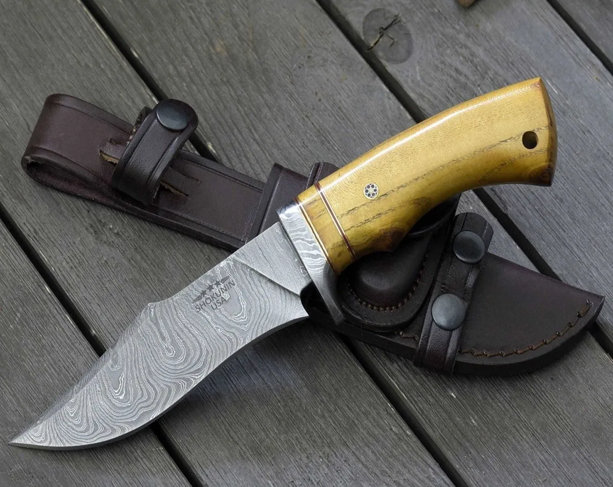 Odyssey Damascus Hunting Knife with Exotic Yellow Heart Handle