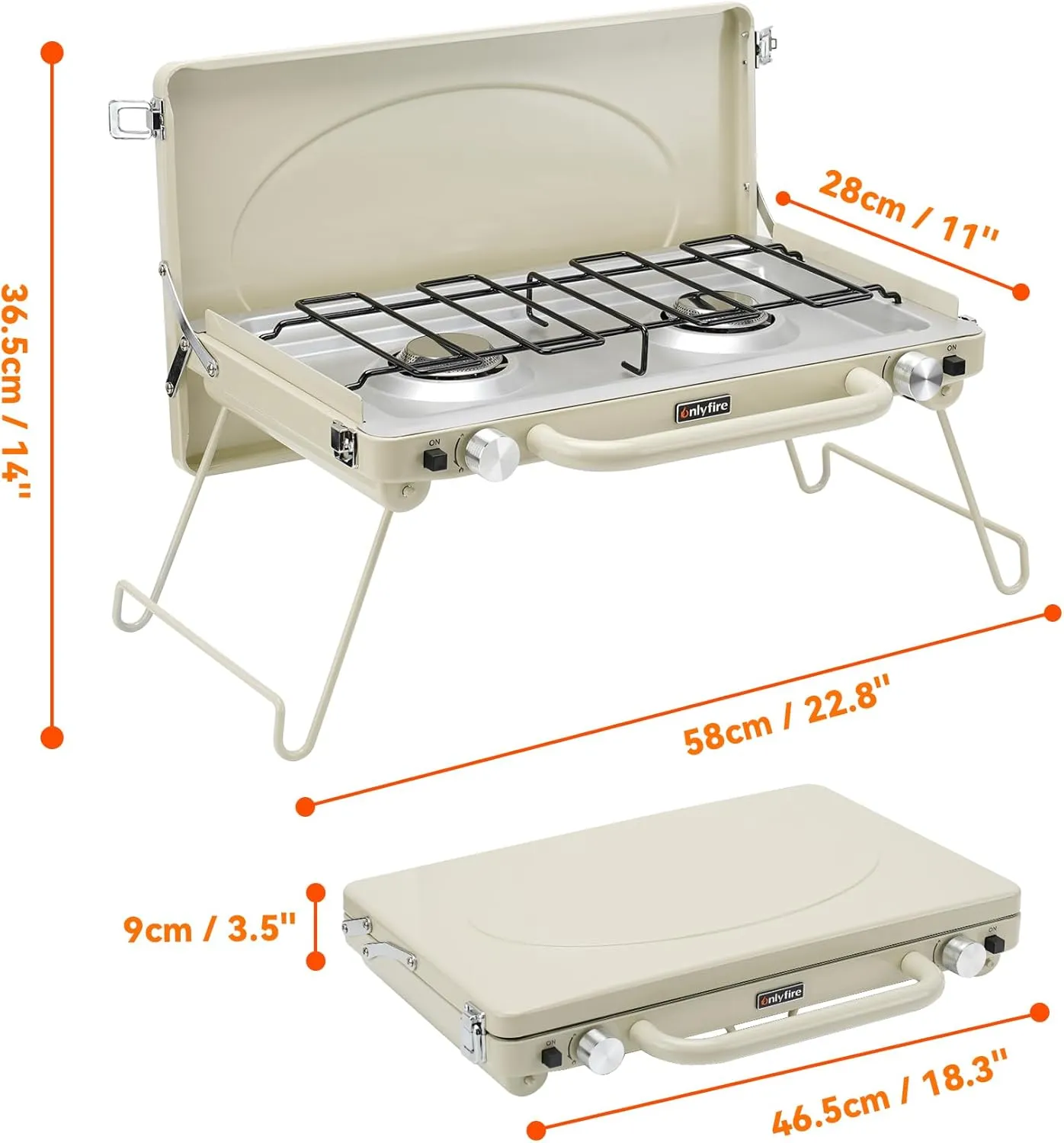 ONLYFIRE Portable Camping stove 2-Burner, Propane Camping Stove with Foldable Legs, Camping Grill Stove with Adjustable Burners, Heavy-Duty Latch & Handle for Camping, Tailgating, RV, BBQ, Off-white