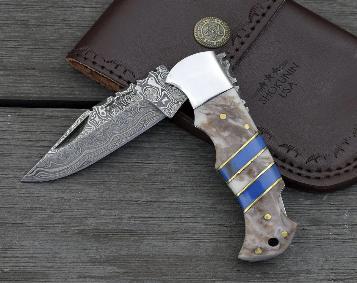 Orion Damascus Pocket Knife with Resin Handle