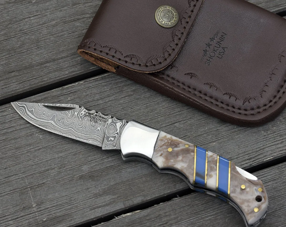 Orion Damascus Pocket Knife with Resin Handle