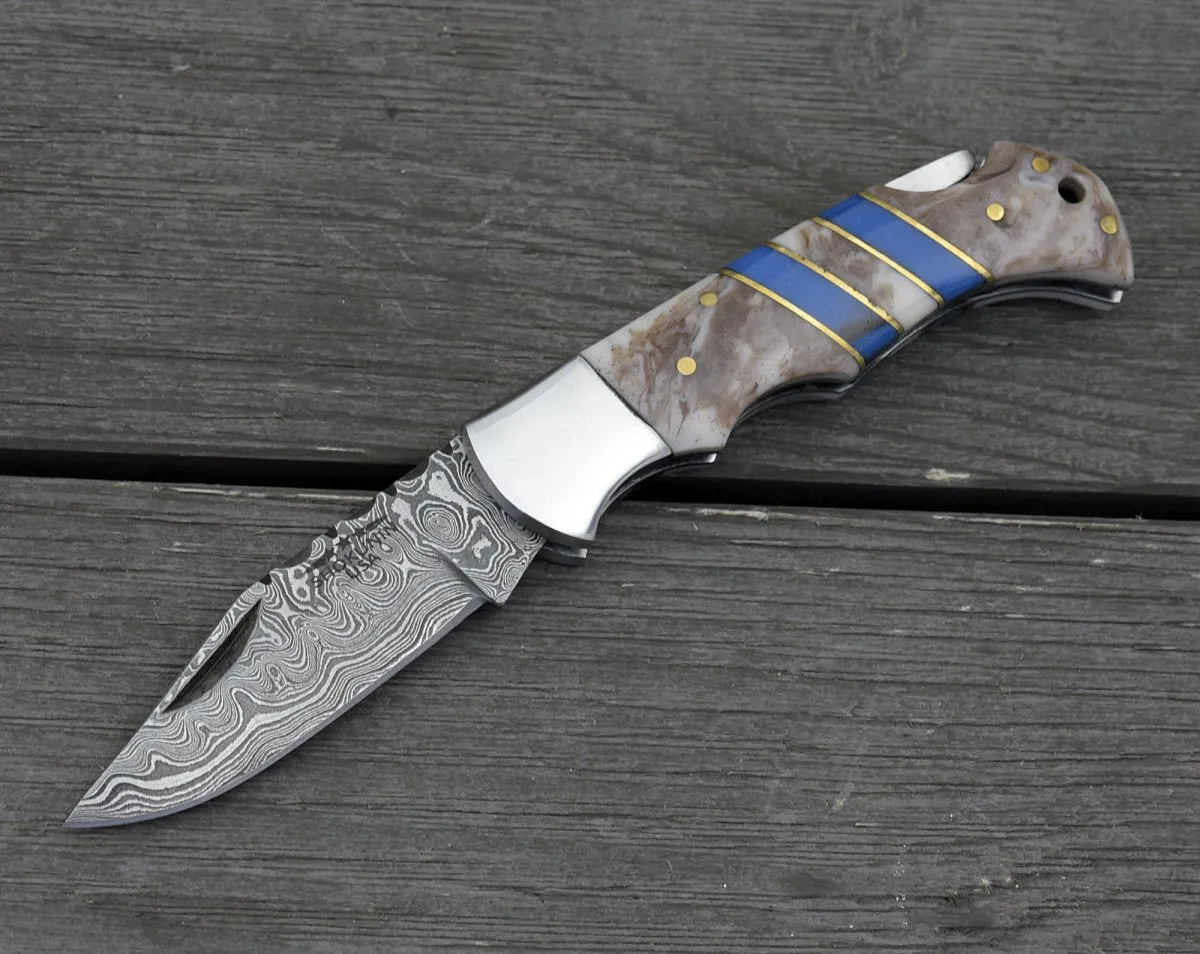 Orion Damascus Pocket Knife with Resin Handle