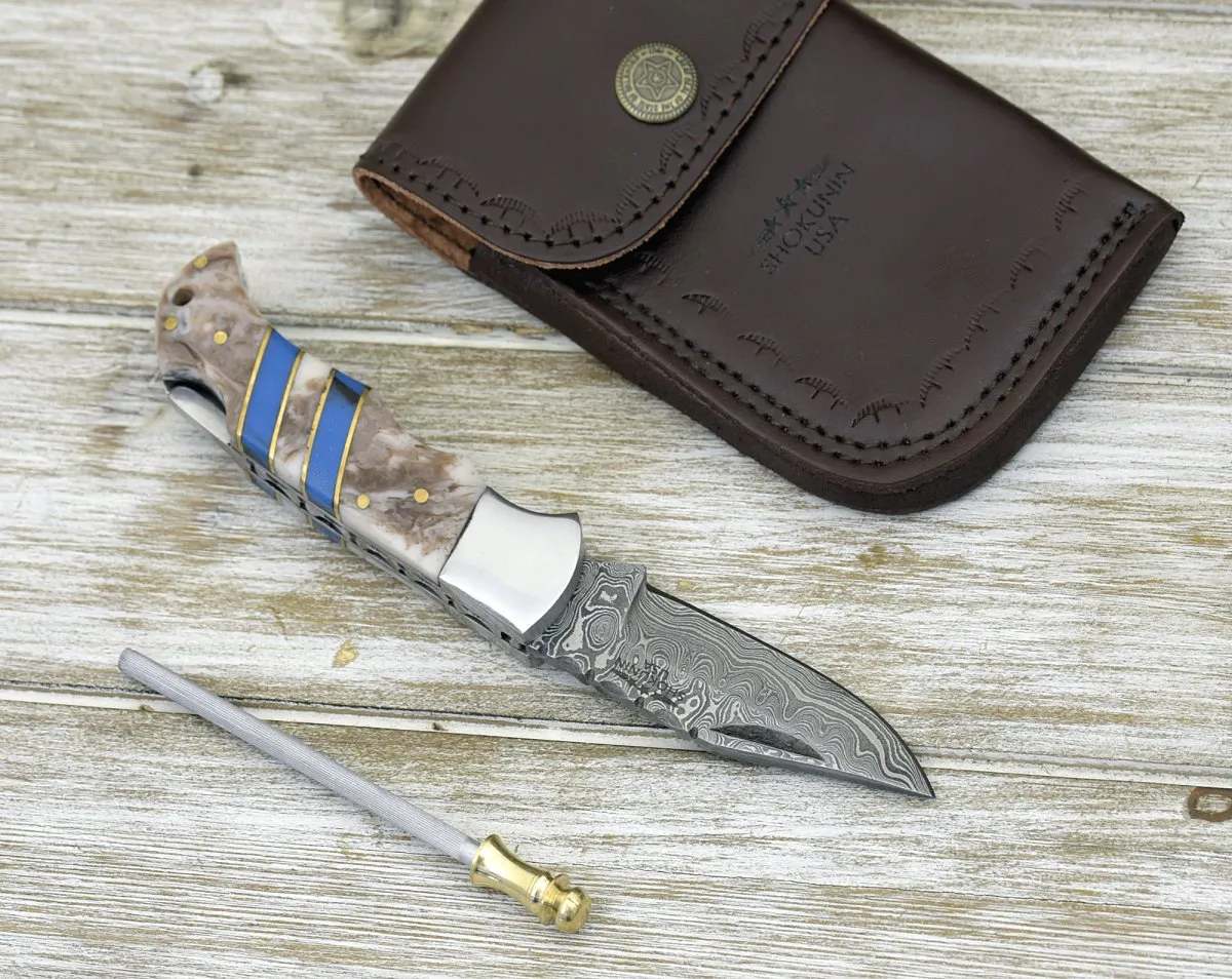 Orion Damascus Pocket Knife with Resin Handle