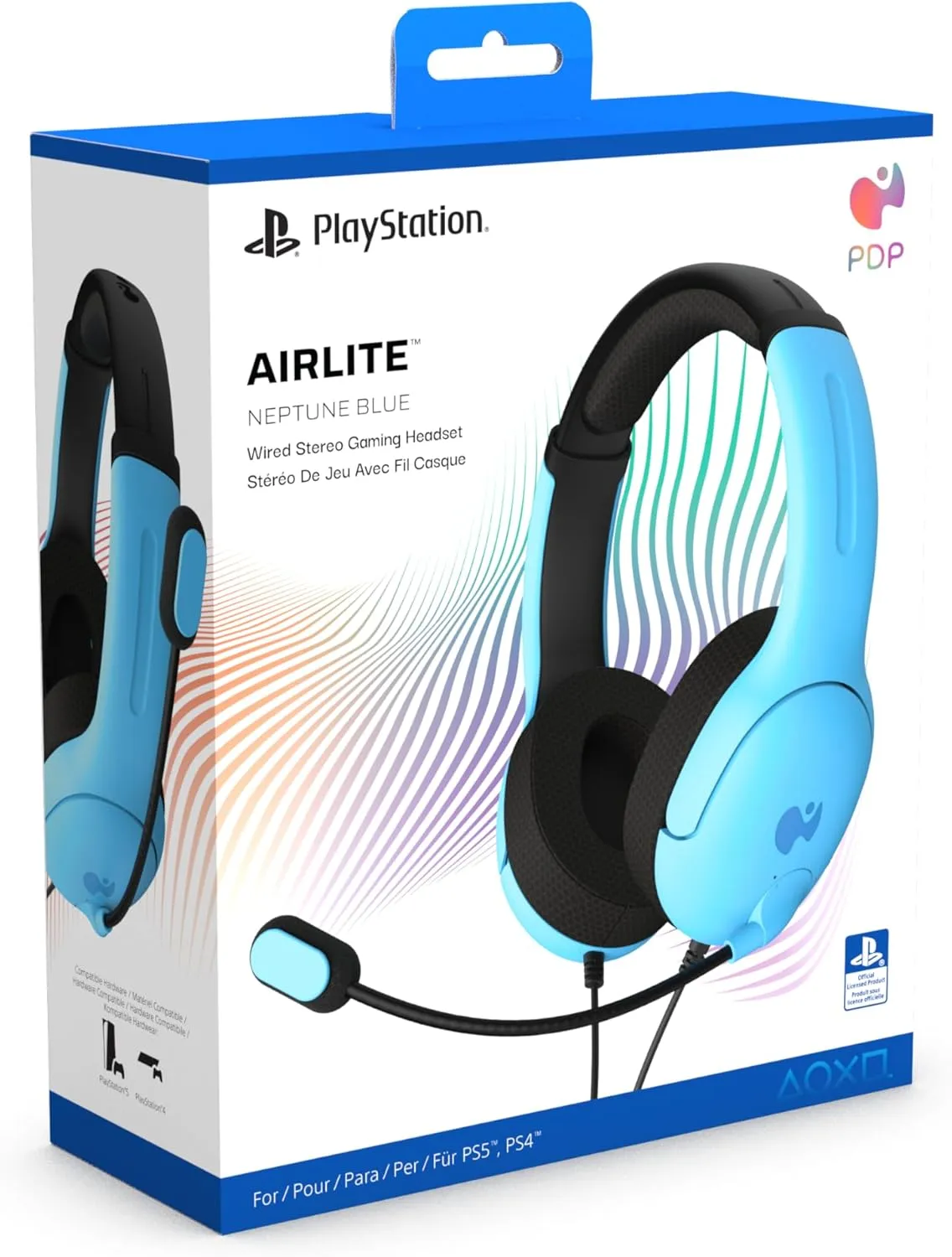 PDP AIRLITE Wired Stereo Gaming Headset, Officially Licensed by Sony PlayStation 5, PS5/PS4/PS3/PC, Lightweight Durable Headphones, 3.5mm Audio Jack, Noise-canceling Flip-to-Mute Mic, Neptune Blue