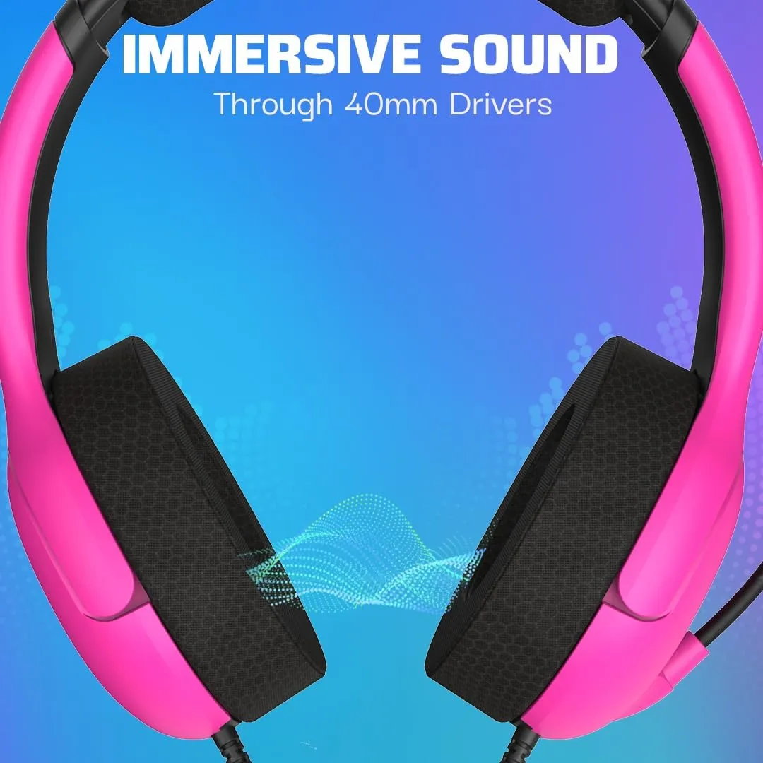 PDP AIRLITE Wired Stereo Gaming Headset, Officially Licensed Sony PlayStation 5, PS5/PS4/PS3/PC, Lightweight Durable Headphones, 3.5mm Audio Jack, Noise-canceling Flip-to-Mute Mic, Nebula Pink