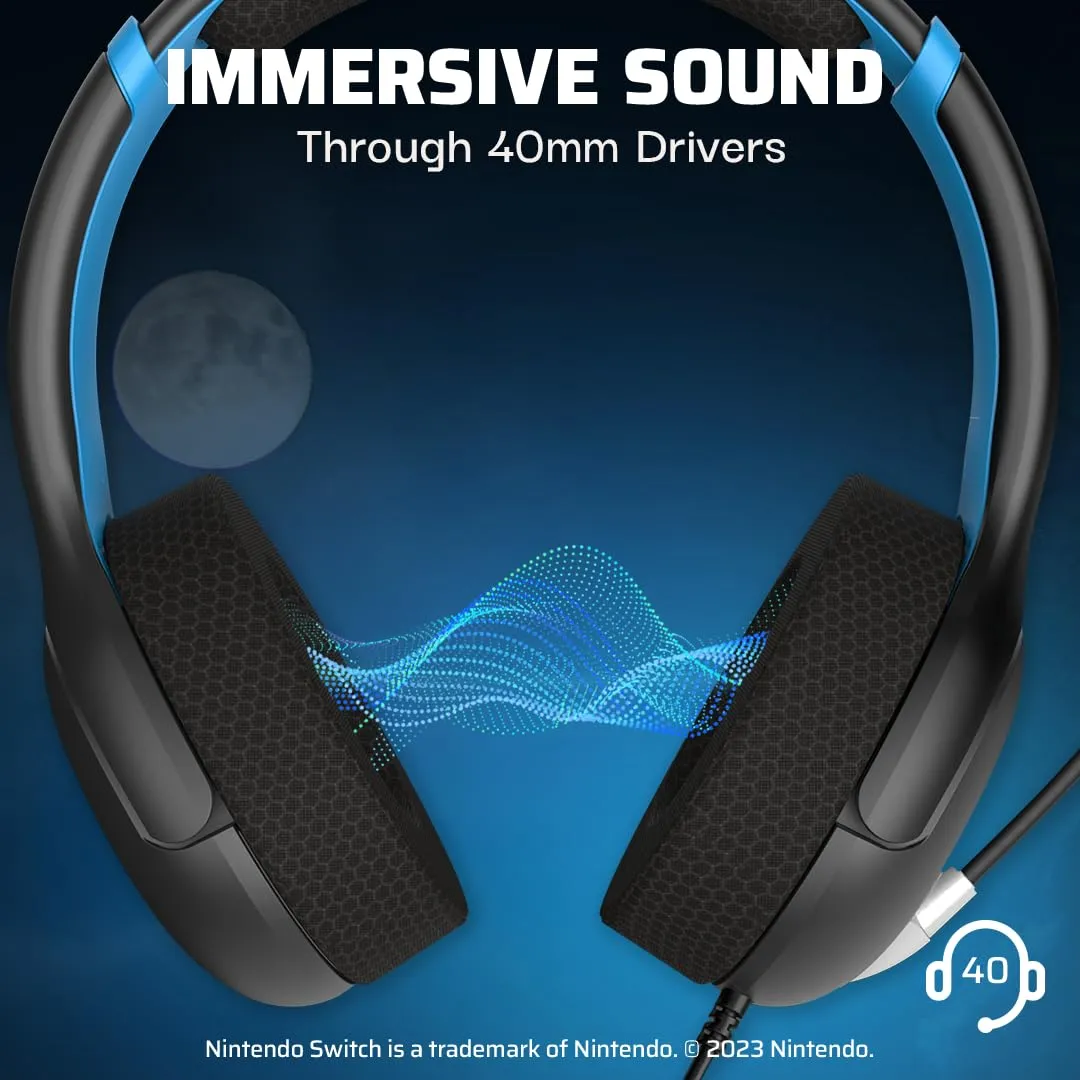 PDP Gaming AIRLITE Stereo Headset with Mic for Nintendo Switch/Lite/OLED - Wired Power Noise Cancelling Microphone, Lightweight, Soft Comfort On Ear Headphones (Moonlight Black/Blue)