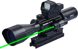 PINTY Rifle Scope Red Dot Laser Combo 4-12x50 Illuminated Optics with 4 Reticle Red Green Reflex Sight, Green Dot Laser Sight