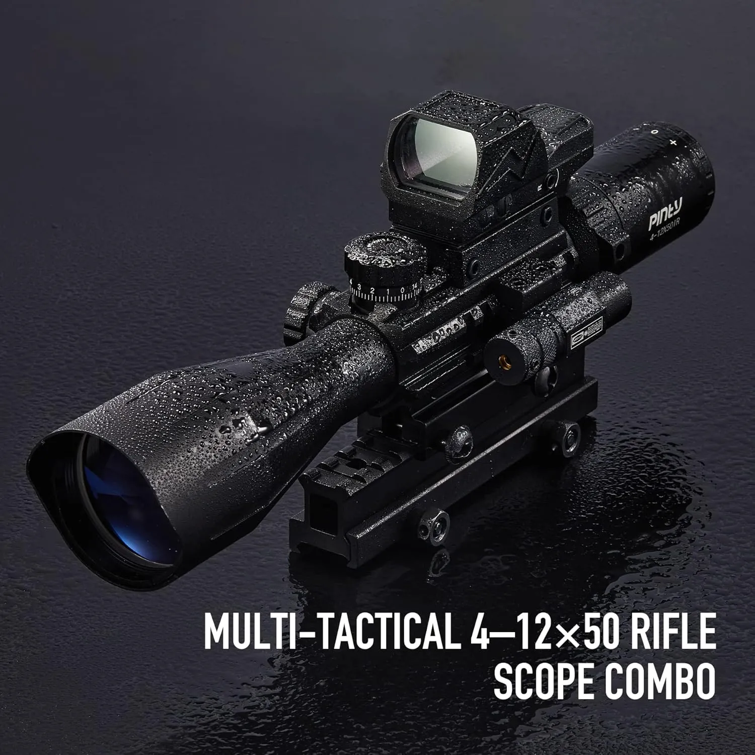 PINTY Rifle Scope Red Dot Laser Combo 4-12x50 Illuminated Optics with 4 Reticle Red Green Reflex Sight, Green Dot Laser Sight
