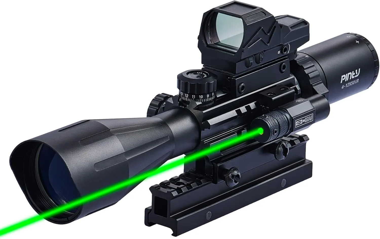 PINTY Rifle Scope Red Dot Laser Combo 4-12x50 Illuminated Optics with 4 Reticle Red Green Reflex Sight, Green Dot Laser Sight