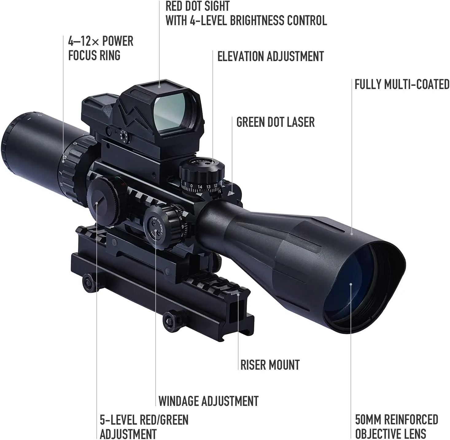 PINTY Rifle Scope Red Dot Laser Combo 4-12x50 Illuminated Optics with 4 Reticle Red Green Reflex Sight, Green Dot Laser Sight