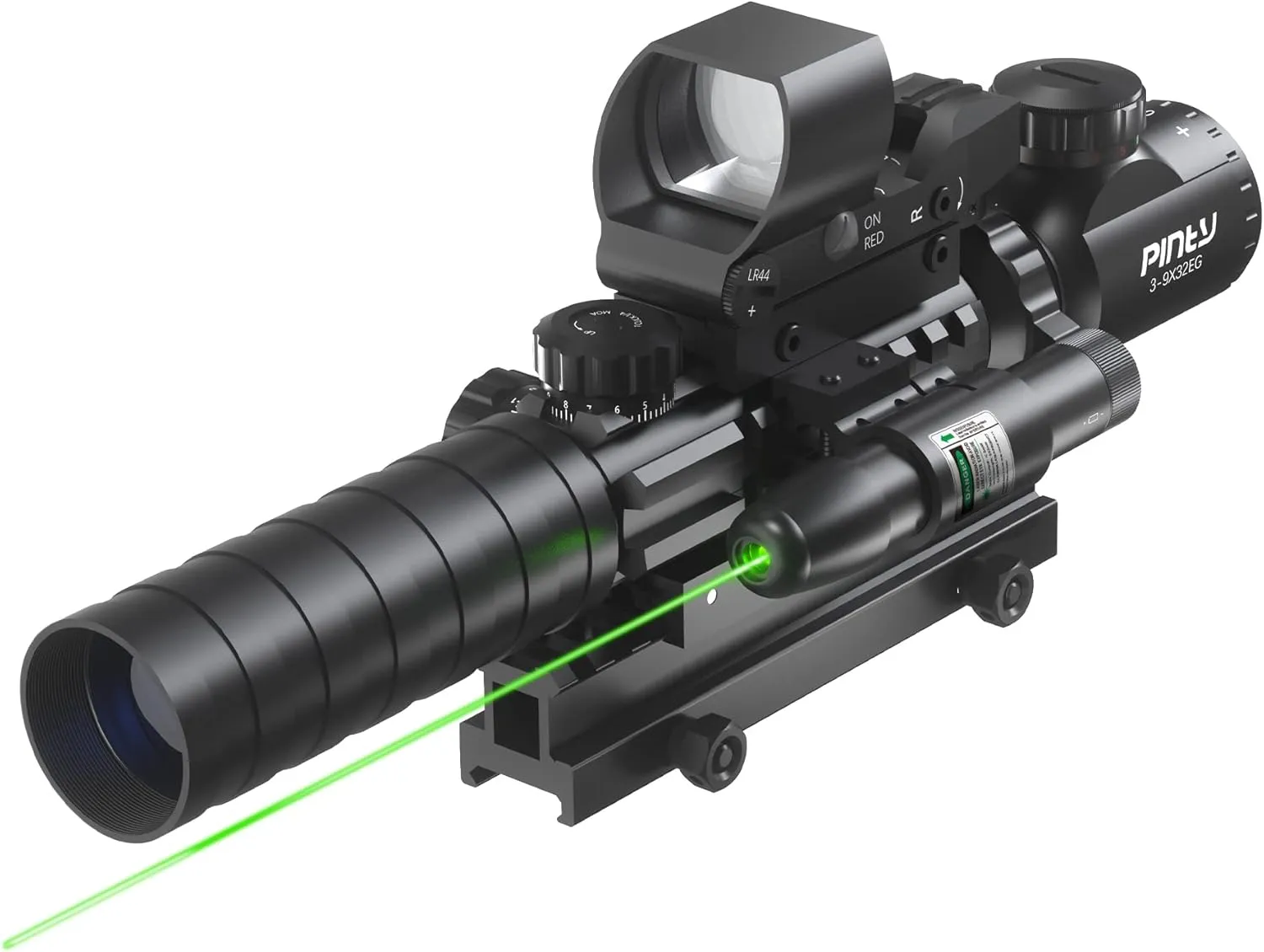 PINTY Rifle Scope Red Dot Laser Combo - 4in1 Gun Set: 3-9x32 Illuminated Hunting Scope, Green or Red Dot, Red Laser Sight, Pic Riser Mount - Tactical