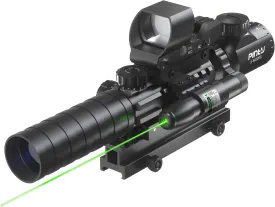 PINTY Rifle Scope Red Dot Laser Combo - 4in1 Gun Set: 3-9x32 Illuminated Hunting Scope, Green or Red Dot, Red Laser Sight, Pic Riser Mount - Tactical