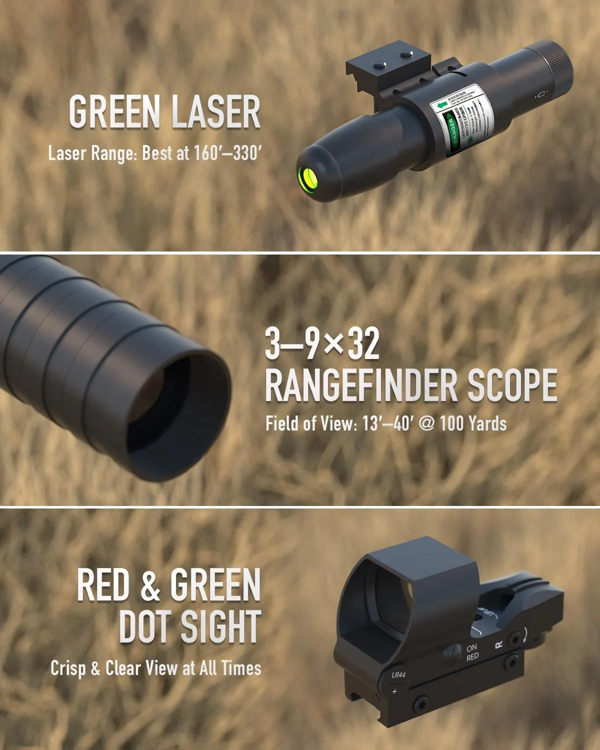 PINTY Rifle Scope Red Dot Laser Combo - 4in1 Gun Set: 3-9x32 Illuminated Hunting Scope, Green or Red Dot, Red Laser Sight, Pic Riser Mount - Tactical
