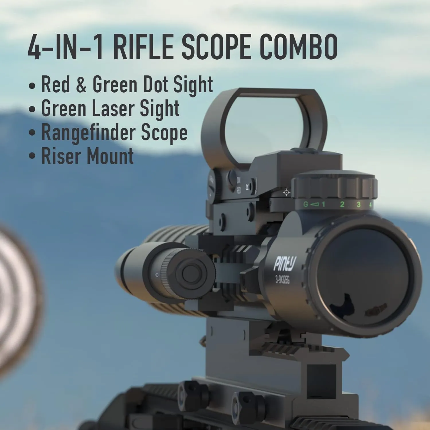 PINTY Rifle Scope Red Dot Laser Combo - 4in1 Gun Set: 3-9x32 Illuminated Hunting Scope, Green or Red Dot, Red Laser Sight, Pic Riser Mount - Tactical