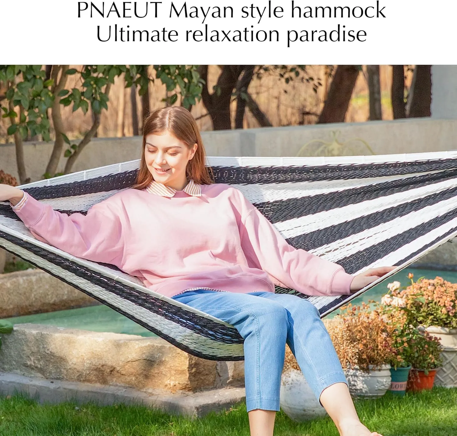 PNAEUT Mayan Hammock, Handwoven XL Thick Soft Rope Hammocks for Outdoor Indoor, Max 600 lbs Capacity, Tree Straps & Carabiners Included (Black and White)