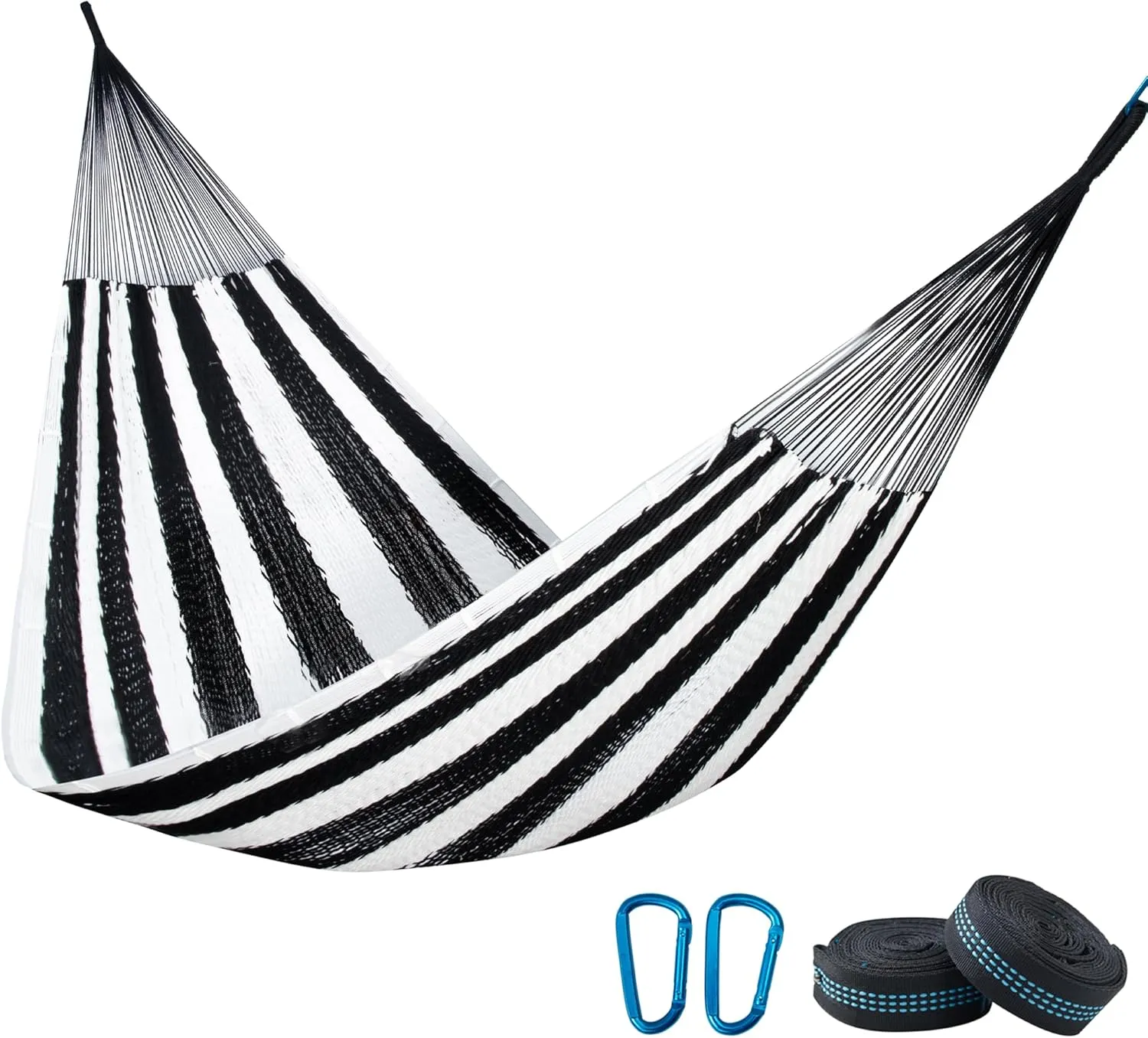 PNAEUT Mayan Hammock, Handwoven XL Thick Soft Rope Hammocks for Outdoor Indoor, Max 600 lbs Capacity, Tree Straps & Carabiners Included (Black and White)
