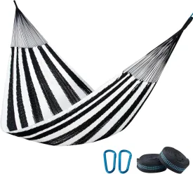PNAEUT Mayan Hammock, Handwoven XL Thick Soft Rope Hammocks for Outdoor Indoor, Max 600 lbs Capacity, Tree Straps & Carabiners Included (Black and White)