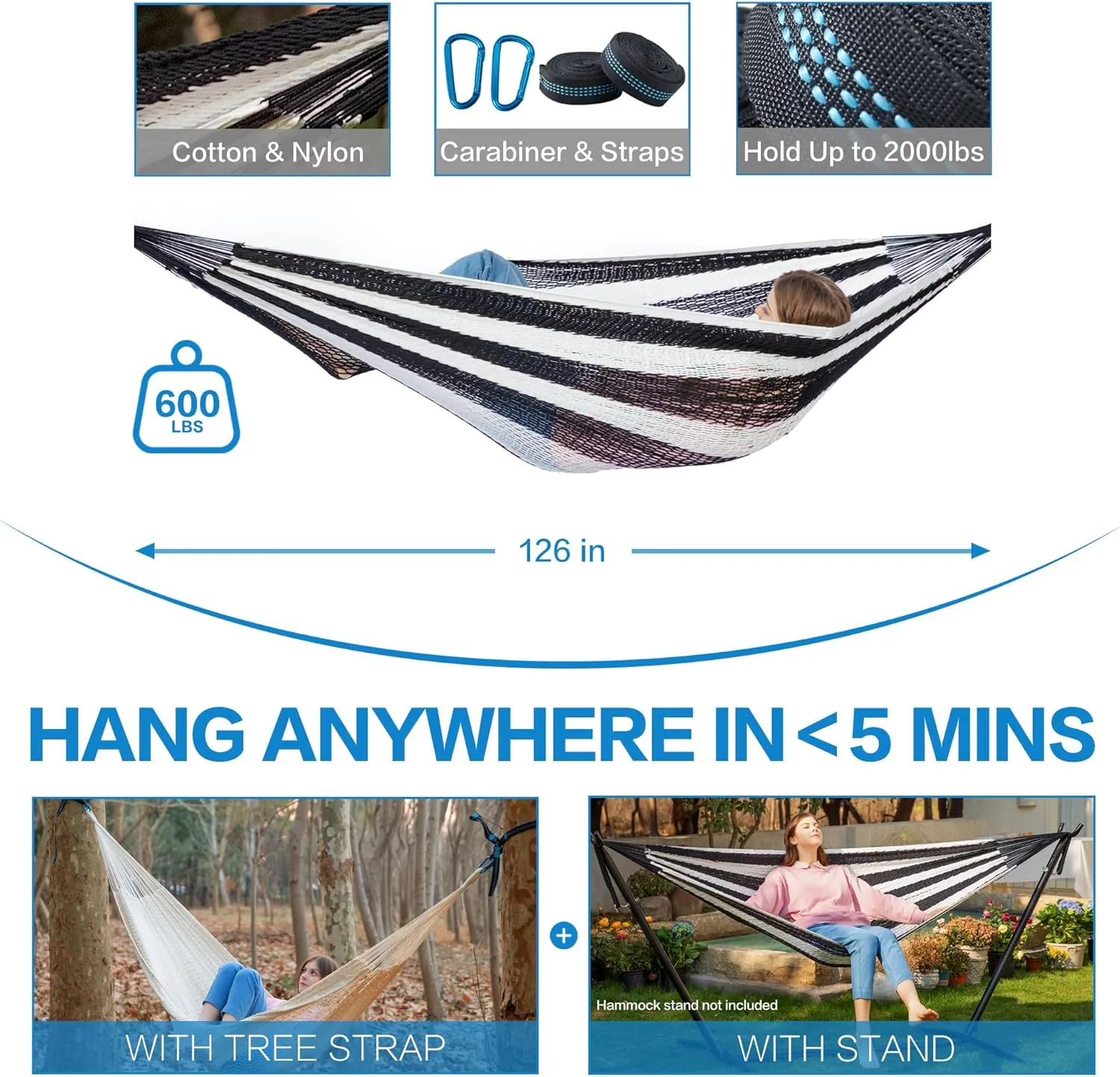 PNAEUT Mayan Hammock, Handwoven XL Thick Soft Rope Hammocks for Outdoor Indoor, Max 600 lbs Capacity, Tree Straps & Carabiners Included (Black and White)