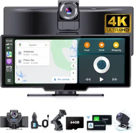 Portable Apple Carplay Screen for Car, 10.26" Pro Max Touch Screen Car Stereo Wireless CarPlay & Android Auto Touch Screen with 4K Dash Cam, 1080P Backup Camera,Voice Control/GPS Navigation