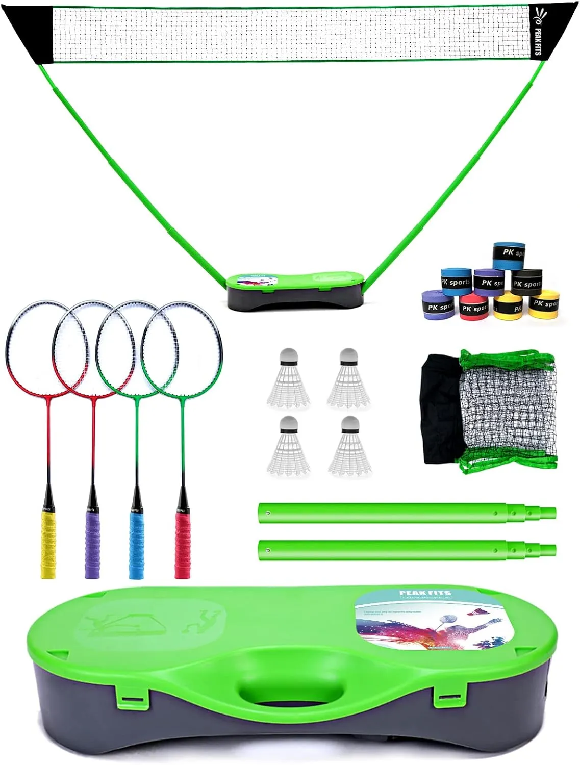Portable Badminton Net Set,Folding Volleyball Badminton Net,4 Professional Graphite Badminton Racket,8 Racket Grip Tape,4 Shuttlecocks,Family Game,Backyard Sports