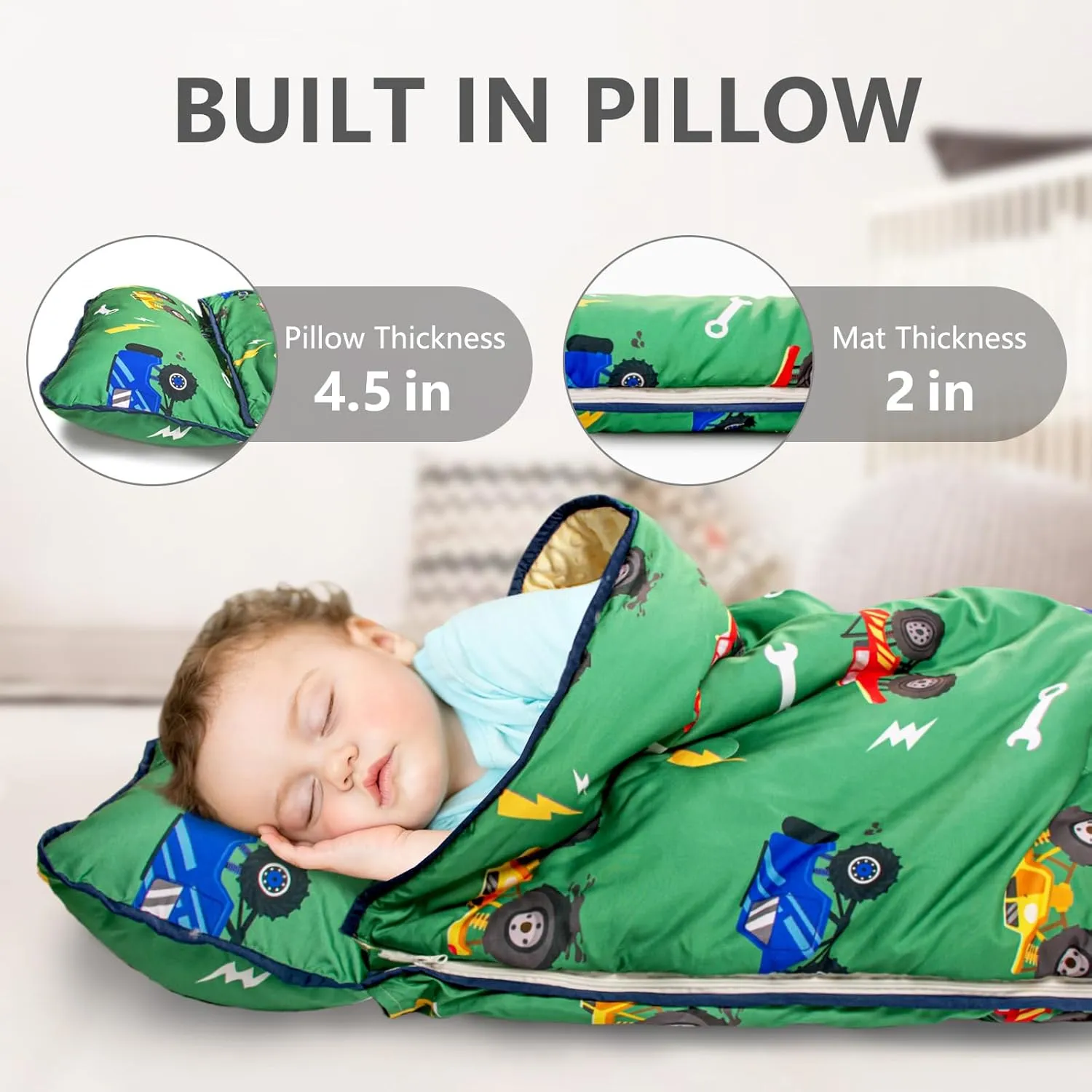 Primlect Toddler Nap Mat Extra Large Thickened 55''x35'', Soft Sleeping Bag with Detachable Minky Blanket and Pillow, Portable for Daycare, Preschool, Kindergarten, Travel, Boys and Girls