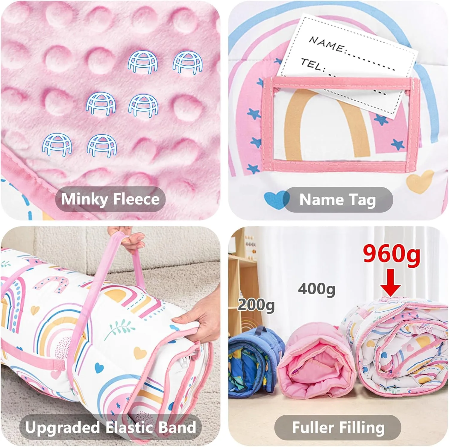 Primlect Toddler Nap Mat Extra Large Thickened 55''x35'', Soft Sleeping Bag with Detachable Minky Blanket and Pillow, Portable for Daycare, Preschool, Kindergarten, Travel, Boys and Girls