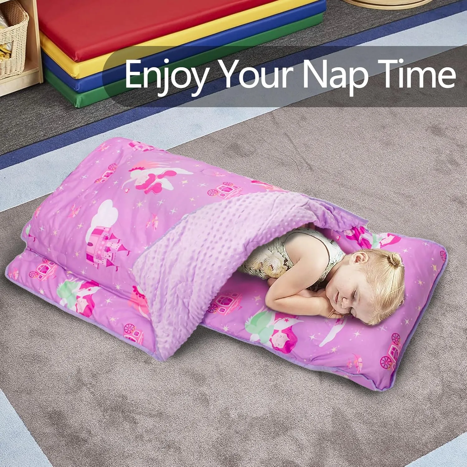 Primlect Toddler Nap Mat Extra Large Thickened 55''x35'', Soft Sleeping Bag with Detachable Minky Blanket and Pillow, Portable for Daycare, Preschool, Kindergarten, Travel, Boys and Girls