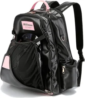 PU Leather Equestrian Backpack with Helmet Holder,Boot Bag Equestrian Horse Riding Bag,Waterproof Large Capacity Equestrian Helmet Bag (Black&Pink)