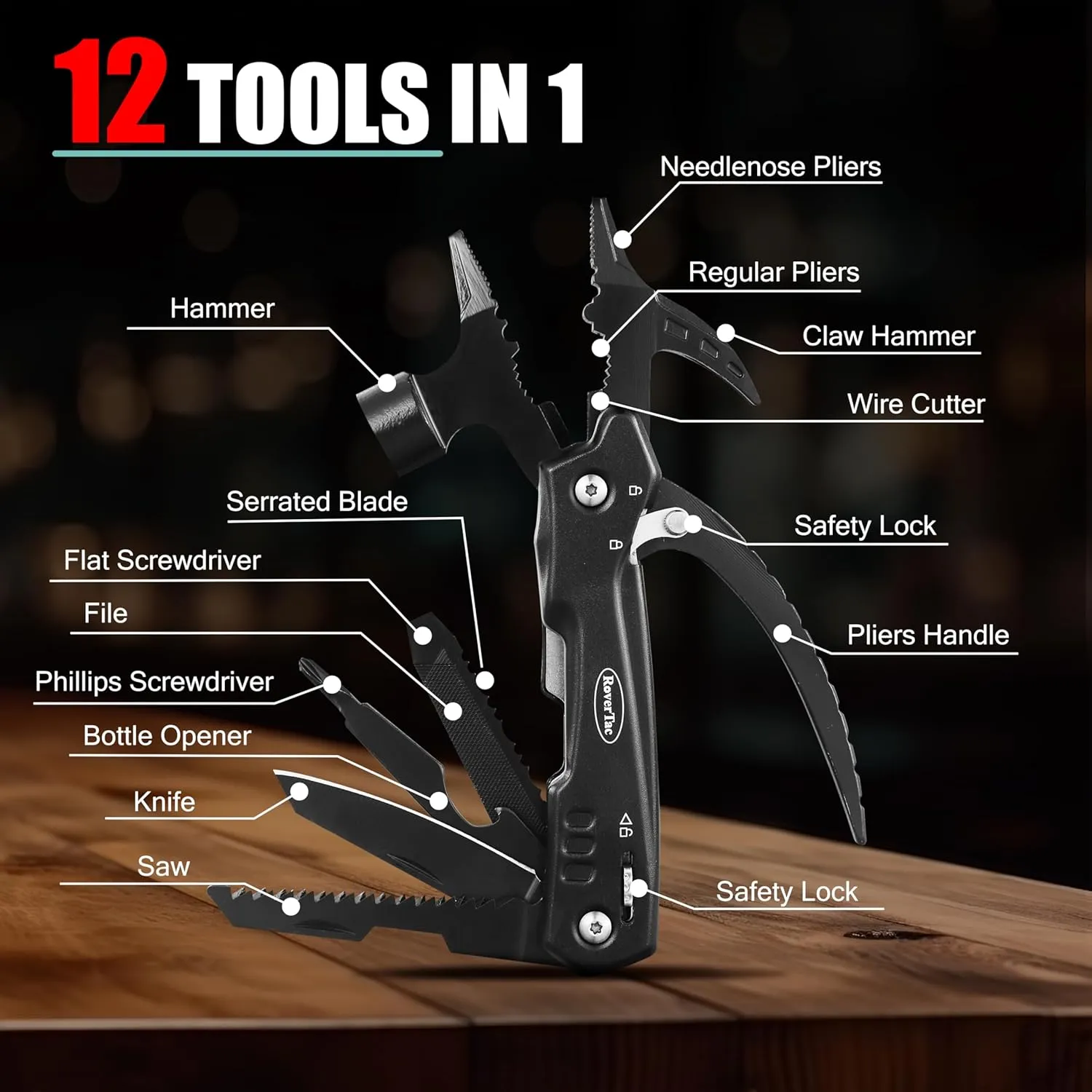 RoverTac Dad Tool Gift Set, 12-in-1 Multitool Hammer, Flashlight & Utility Knife in a Gift Box with "BEST DAD EVER", Unique & Practical Gift for Dad on Fathers Day, Birthday, Christmas & Retirement