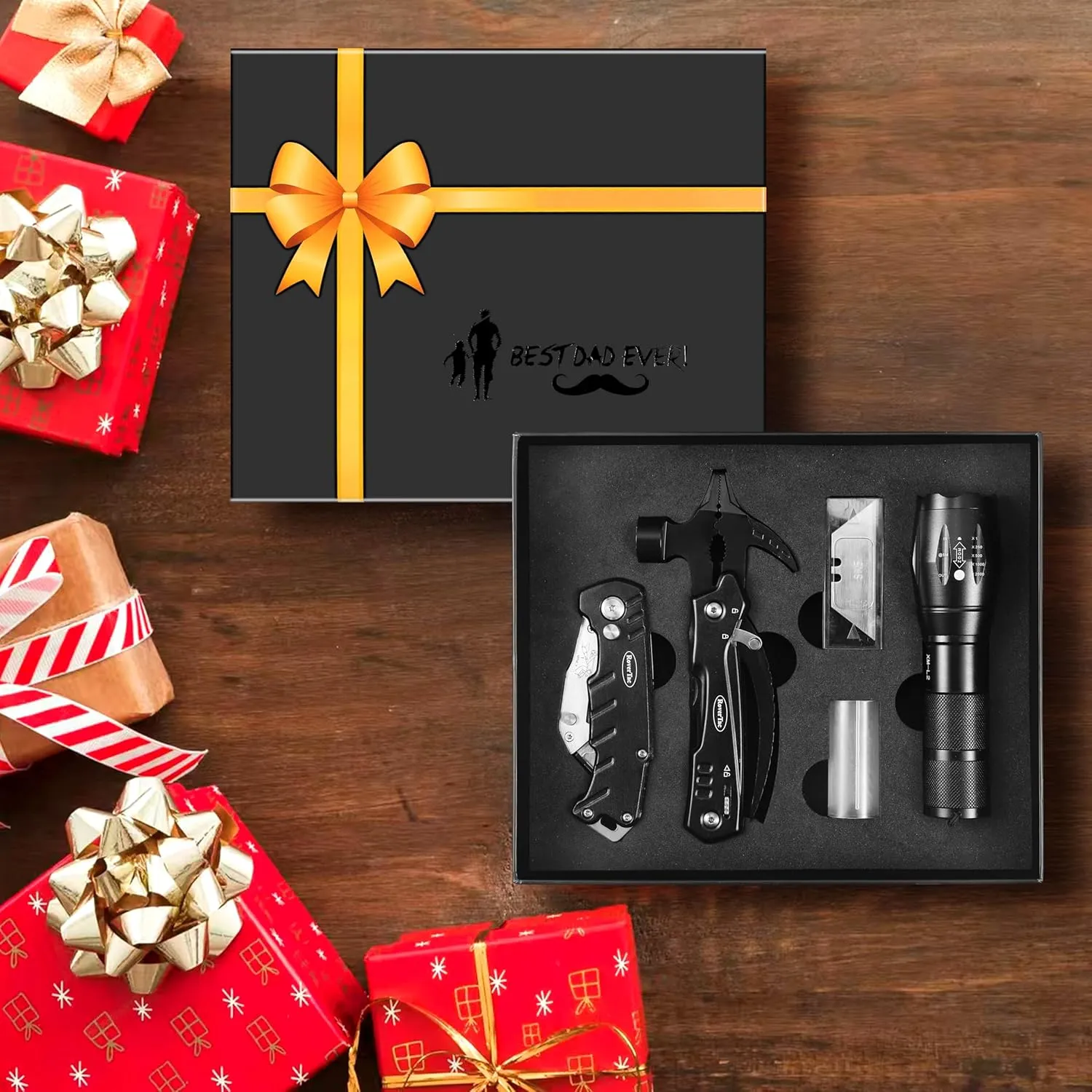 RoverTac Dad Tool Gift Set, 12-in-1 Multitool Hammer, Flashlight & Utility Knife in a Gift Box with "BEST DAD EVER", Unique & Practical Gift for Dad on Fathers Day, Birthday, Christmas & Retirement