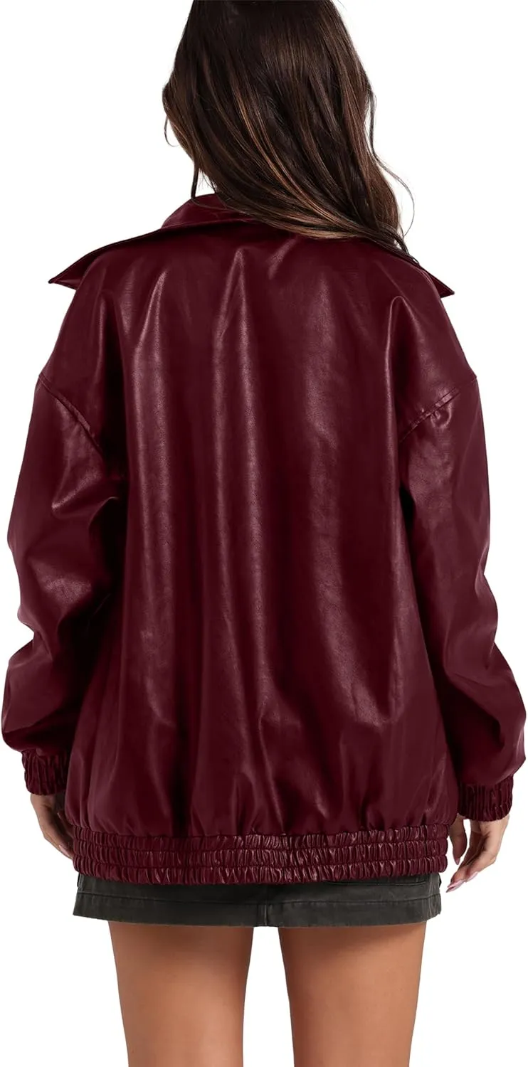 SAMPEEL Leather Jacket Women Faux Oversized Motorcycle Bomber Coats 2024 Fall Fashion Outfits Winter Clothes