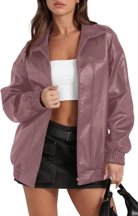 SAMPEEL Leather Jacket Women Faux Oversized Motorcycle Bomber Coats 2024 Fall Fashion Outfits Winter Clothes