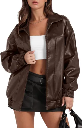 SAMPEEL Leather Jacket Women Faux Oversized Motorcycle Bomber Coats 2024 Fall Fashion Outfits Winter Clothes