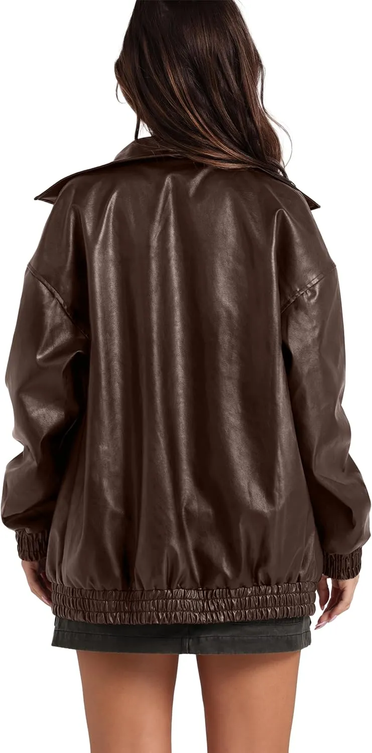 SAMPEEL Leather Jacket Women Faux Oversized Motorcycle Bomber Coats 2024 Fall Fashion Outfits Winter Clothes