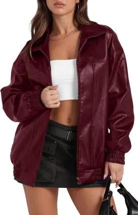 SAMPEEL Leather Jacket Women Faux Oversized Motorcycle Bomber Coats 2024 Fall Fashion Outfits Winter Clothes