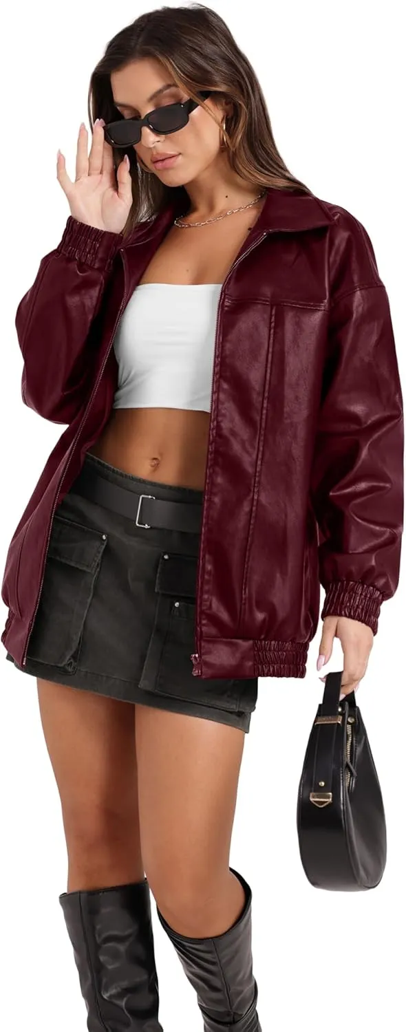 SAMPEEL Leather Jacket Women Faux Oversized Motorcycle Bomber Coats 2024 Fall Fashion Outfits Winter Clothes