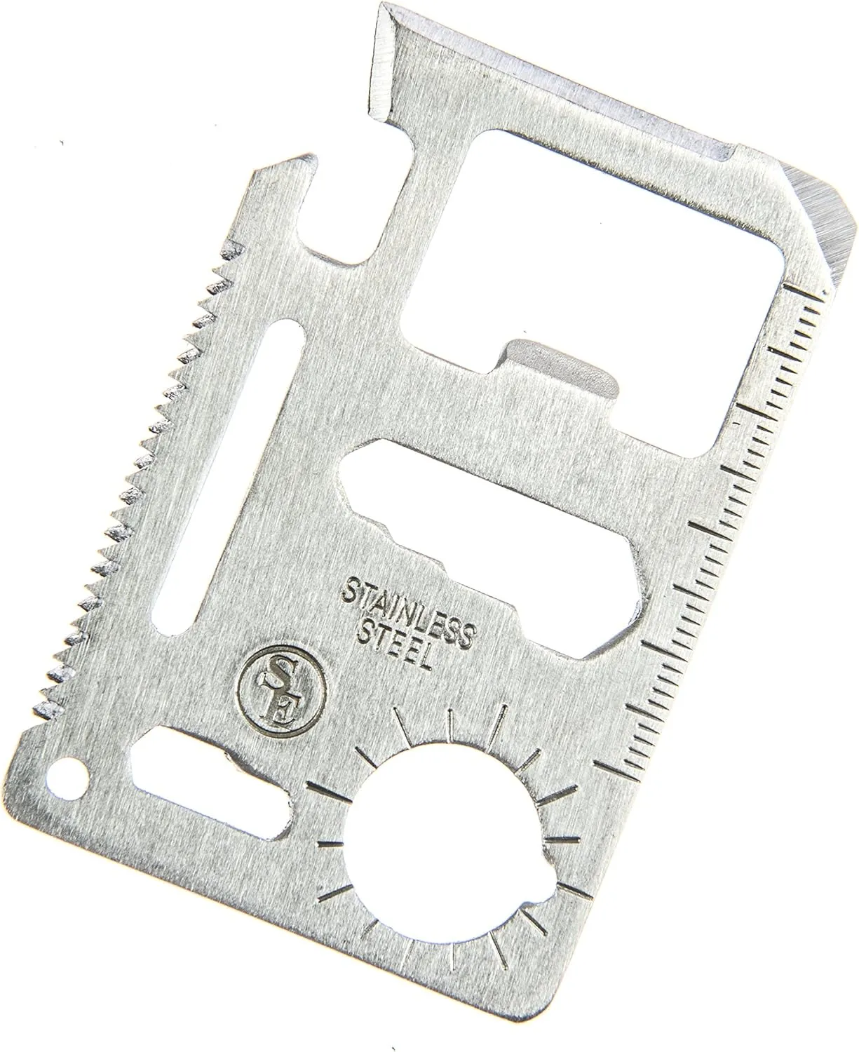 SE 11-Function Stainless Steel Survival Pocket Tool - Compact, Credit Card-Sized Multi-Tool with Leatherette Case - Ideal for Camping, Hiking, and Outdoor Activities - MT908