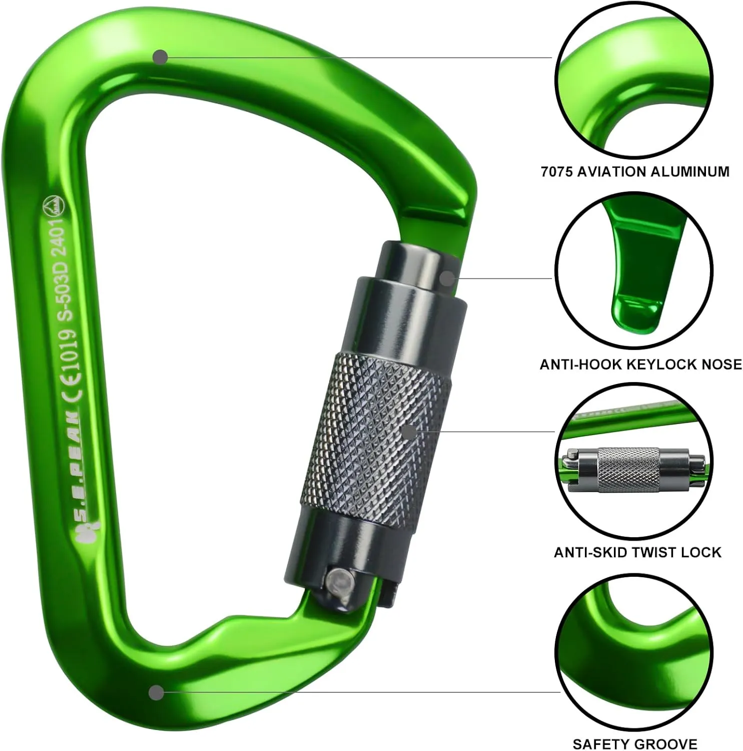 SEPEAK UIAA 30kN Climbing Carabiner Clips, Professional Heavy Duty Twist Locking Carabiners for Climbing,Mountaineering, Rappelling, Camping, Hiking, Swings, Large D Ring Hooks