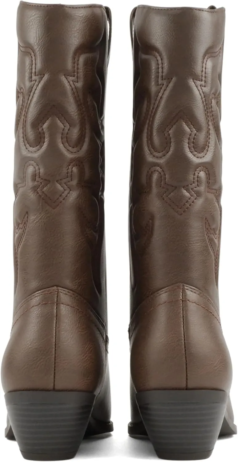 Soda Rodeo ~ Women's Knee High Western Cowboy Boots with Stitched Detailing, Pointed Toe, and Low Block Heel