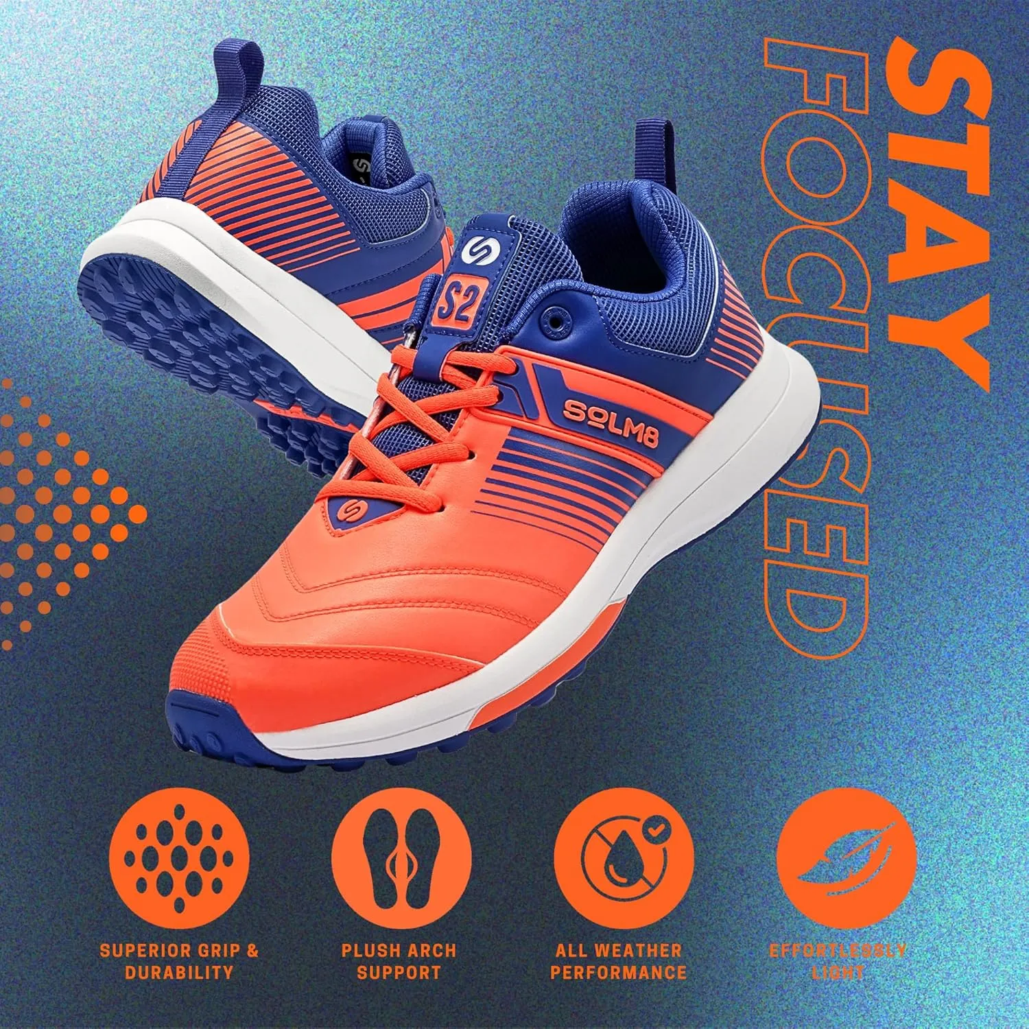 SOLM8 S2 Cricket Shoes Men Boys Junior Players - Advanced Grip Rubber Spikes for Turf/Grass, Ultralight Cushioning in Bright Colors (2025 Edition)