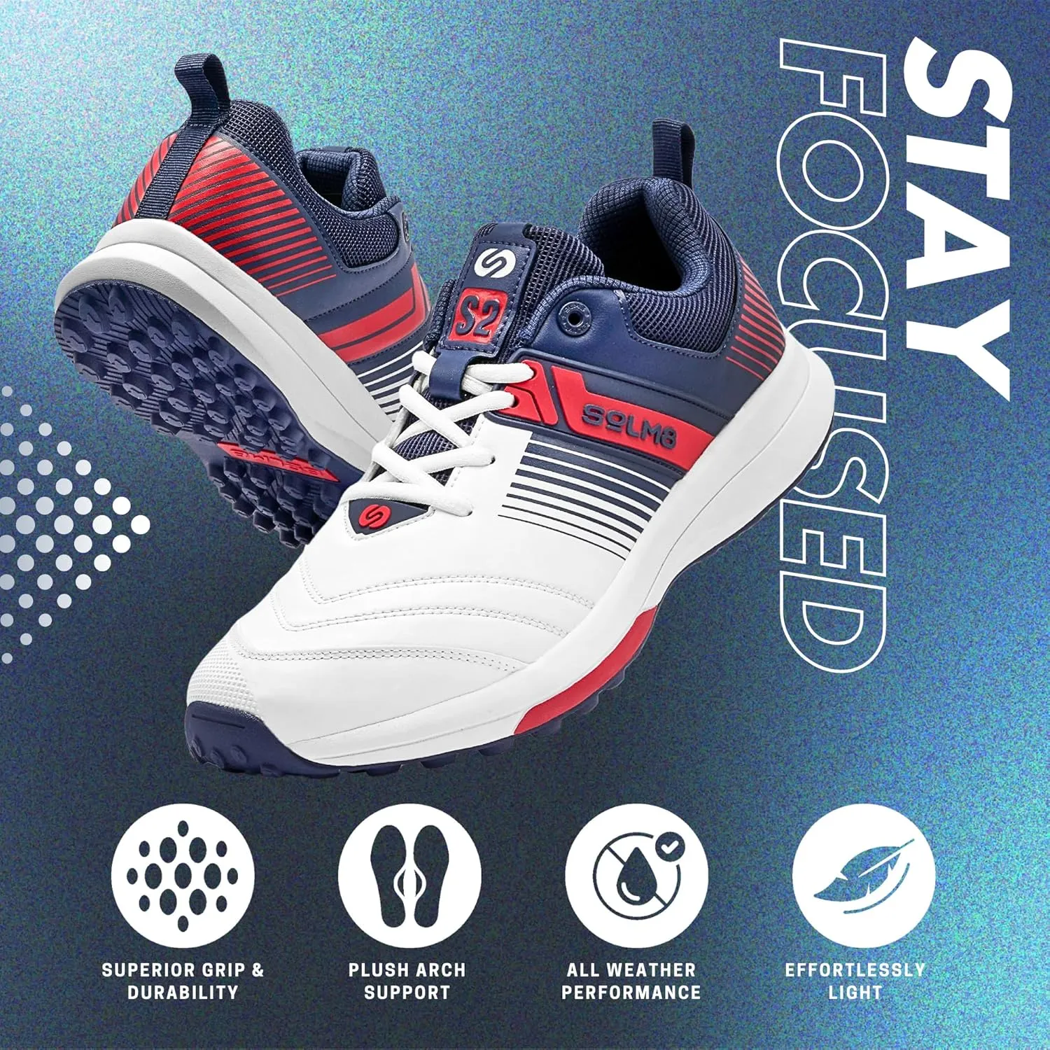 SOLM8 S2 Cricket Shoes Men Boys Junior Players - Advanced Grip Rubber Spikes for Turf/Grass, Ultralight Cushioning in Bright Colors (2025 Edition)