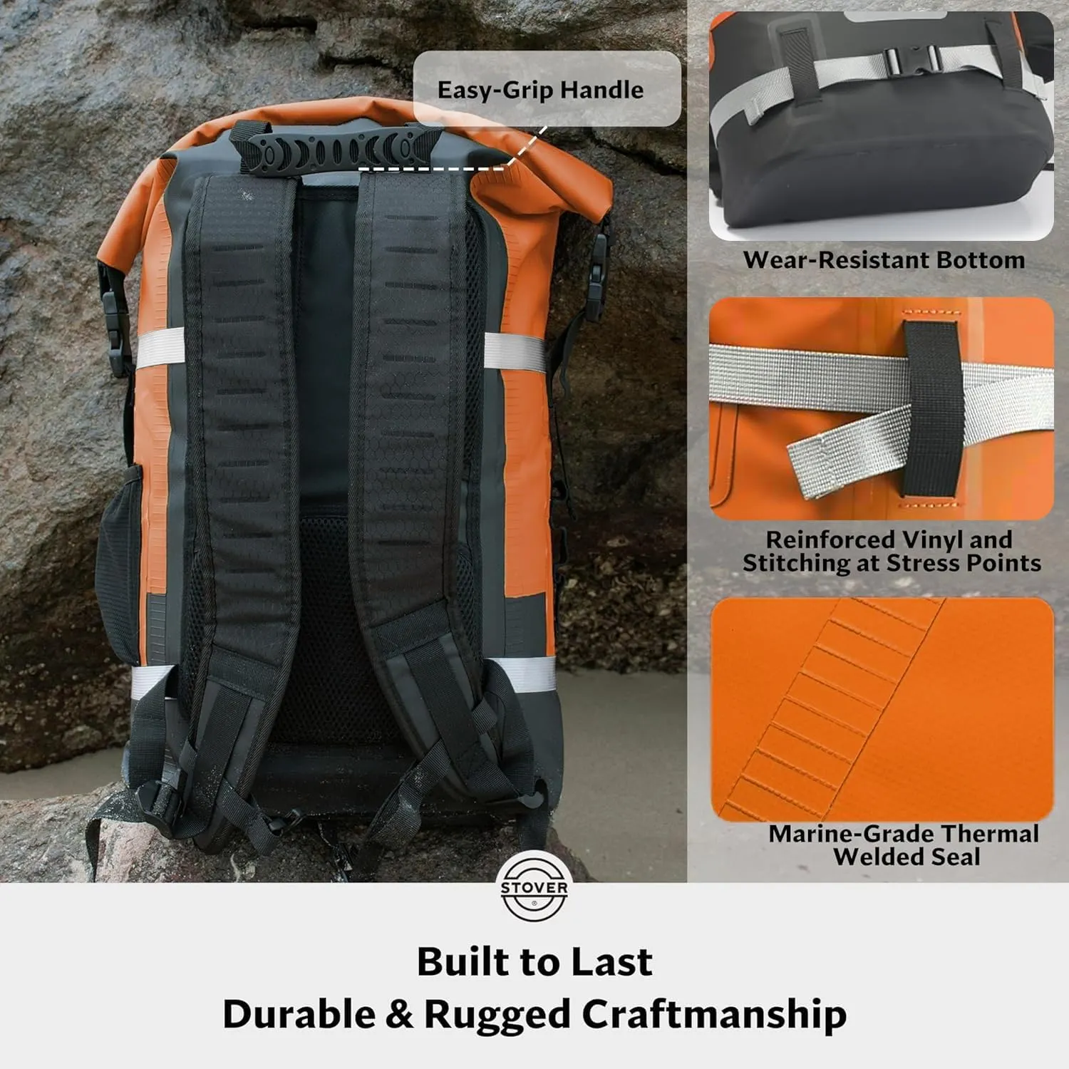 STOVER 5/10/25/30/40/55L Waterproof Dry Backpack & Phone Case- Large Floating Dry Bag for Kayaking, Travel, Hiking, Fishing, Camping, Motorcycles & Beach, Heavy-Duty Roll Top Men/Women (Orange)