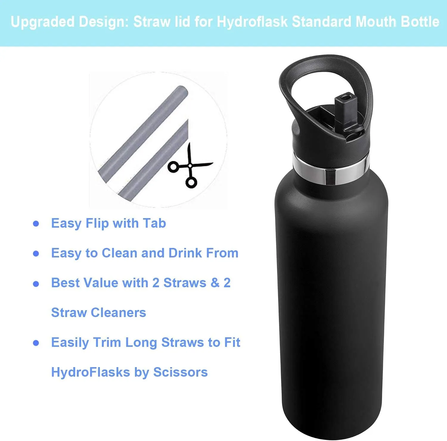 Straw Lid fits Hydro Flask Standard Mouth, 21 24 oz, Sports Flex Cap Water Bottle Accessories Replacement Top