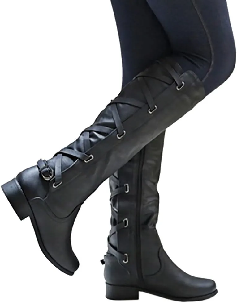 Syktkmx Womens Strappy Motorcycle Knee High Boots Winter Lace Up Riding Flat Low Heel Shoes
