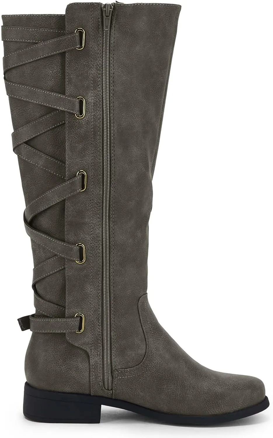 Syktkmx Womens Strappy Motorcycle Knee High Boots Winter Lace Up Riding Flat Low Heel Shoes