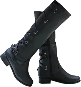 Syktkmx Womens Strappy Motorcycle Knee High Boots Winter Lace Up Riding Flat Low Heel Shoes