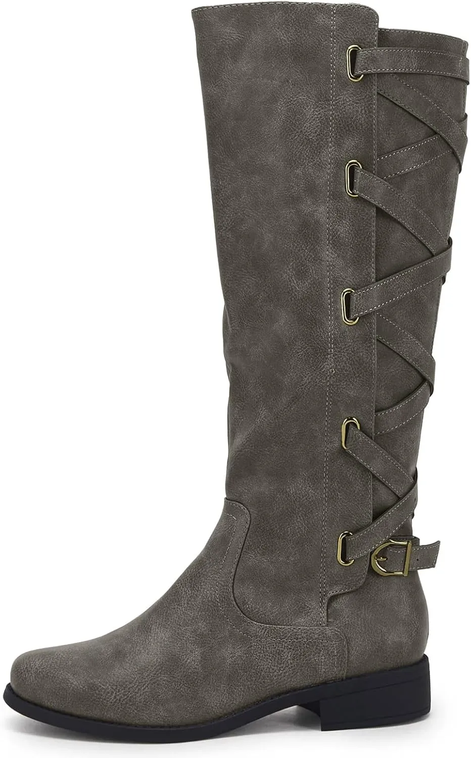 Syktkmx Womens Strappy Motorcycle Knee High Boots Winter Lace Up Riding Flat Low Heel Shoes