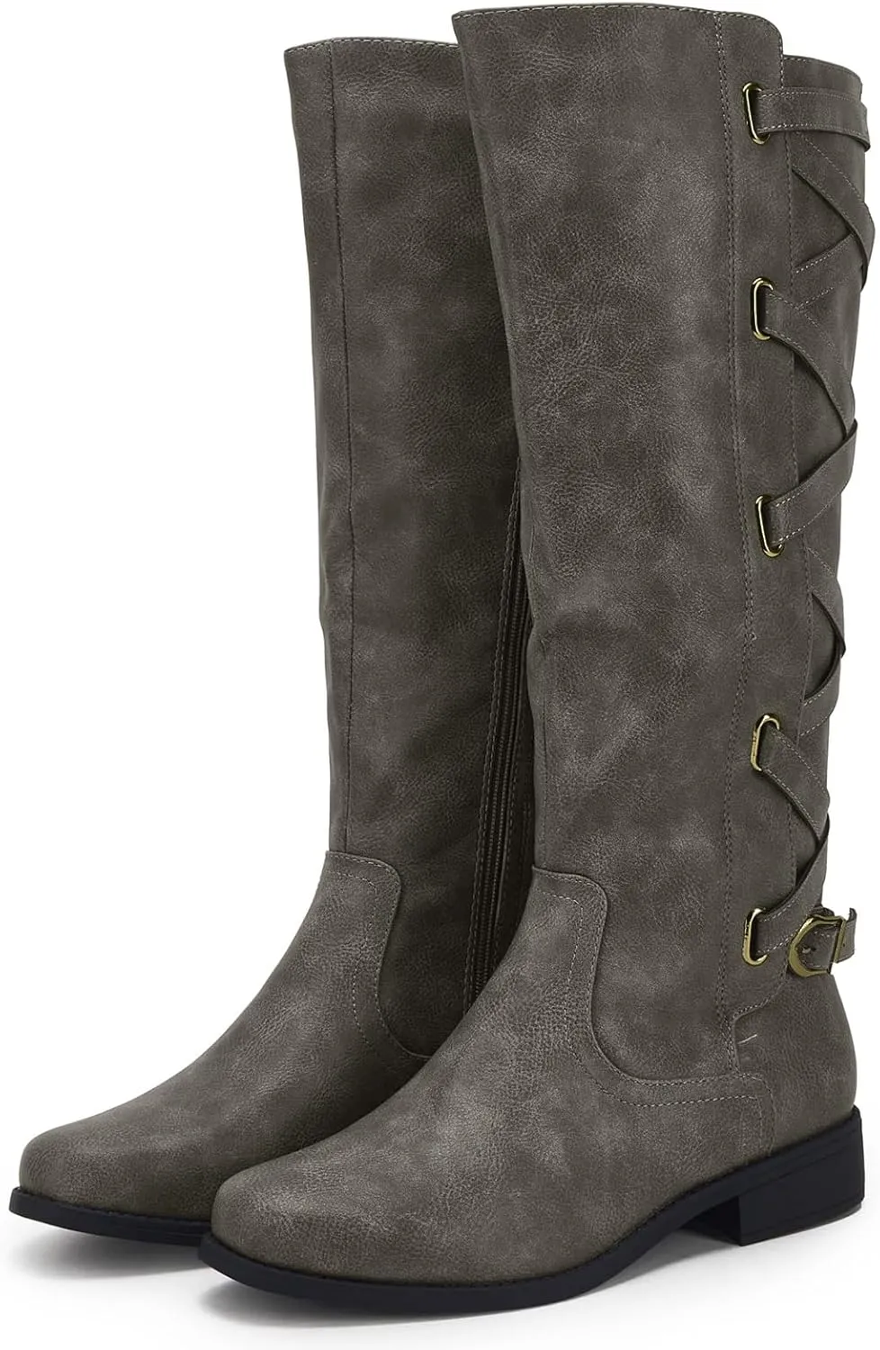 Syktkmx Womens Strappy Motorcycle Knee High Boots Winter Lace Up Riding Flat Low Heel Shoes